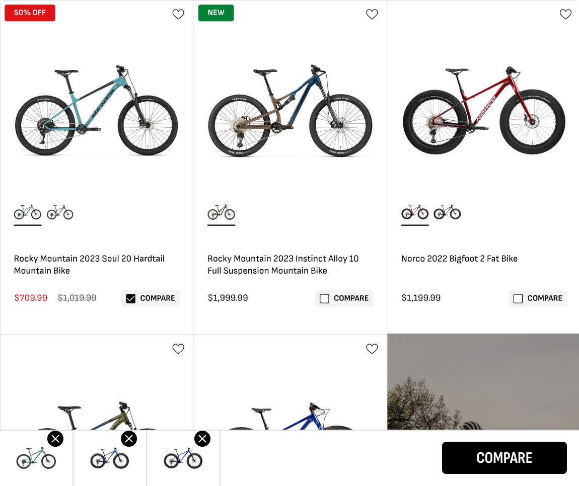 Bike ecommerce store product listing and comparison page