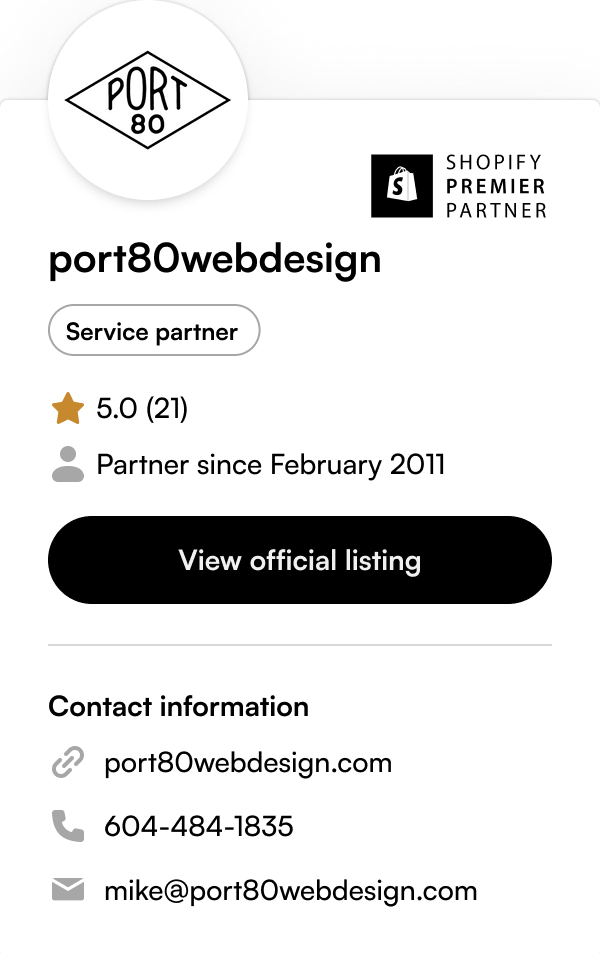 Port80 Web Design Shopify Partner page info preview