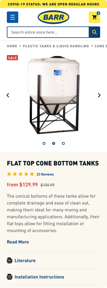 Barr Plastics industrial tank product page, mobile design by port80