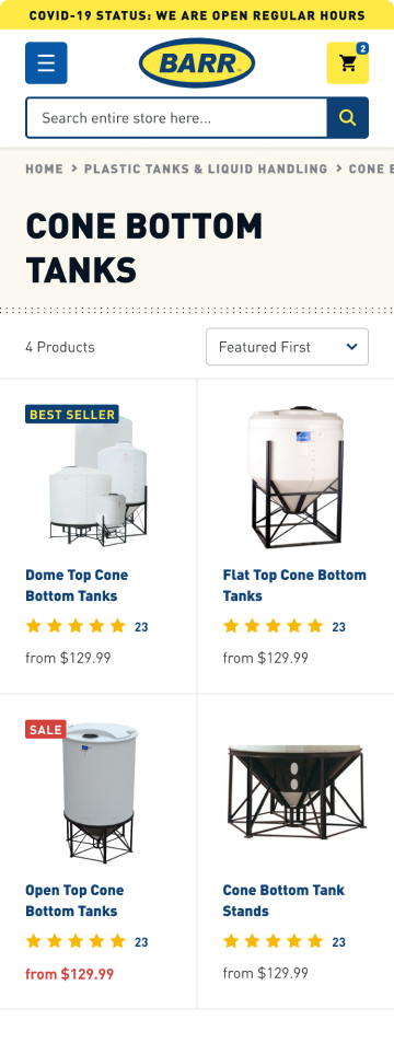 Barr Plastics cone bottom tanks product listing, mobile design by port80