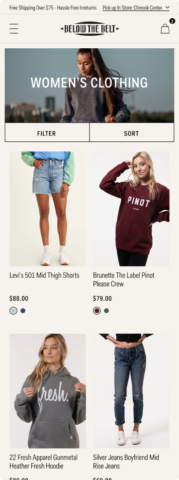 Below The Bely fashion store product listing page, mobile design by port80