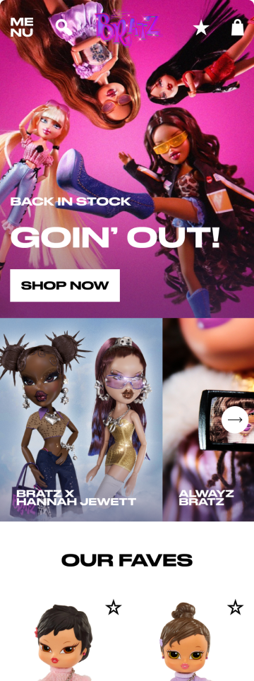 Bratz toy store homepage, mobile design by port80