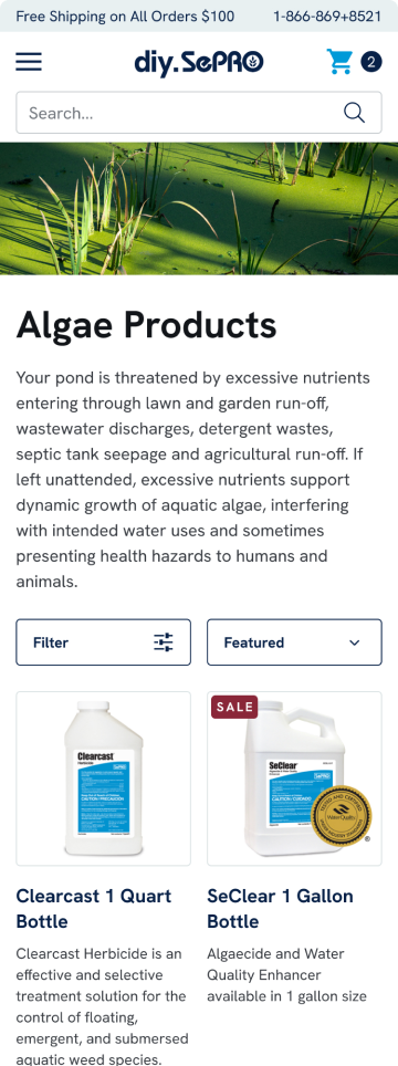Barr Plastics algae products listing page, mobile design by port80
