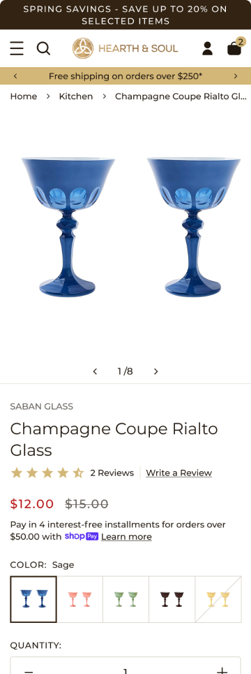 Homewares store cocktail glasses product page, mobile design by port80