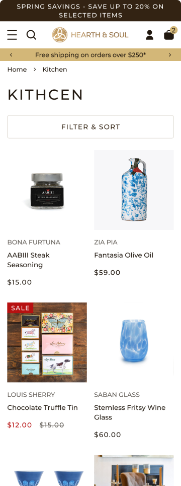 Specialty food store product listing page, mobile design by port80