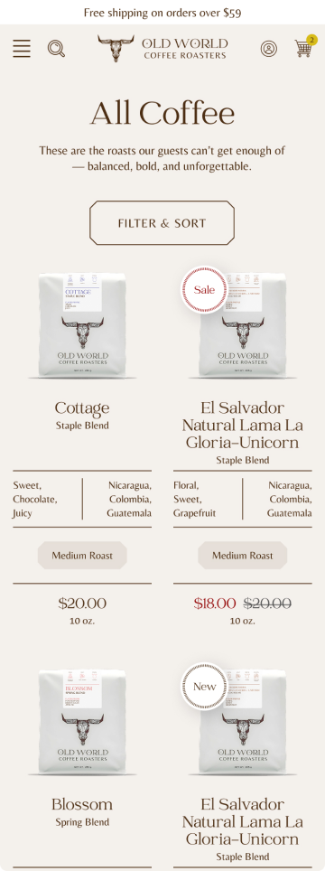 Coffee store product listing page, mobile design by port80