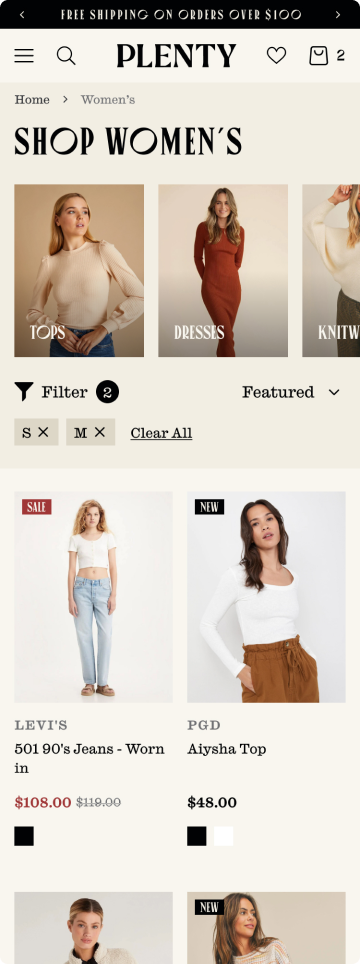 Plenty fashion store product listing page, mobile design by port80
