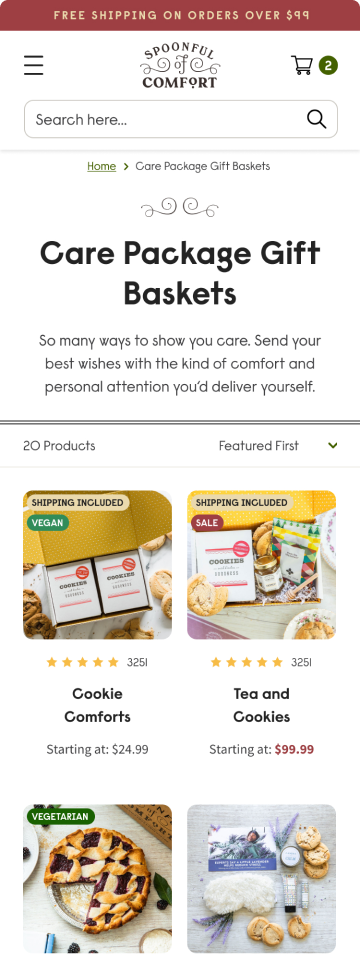 Gift and food store package gift baskets product page, mobile design by port80