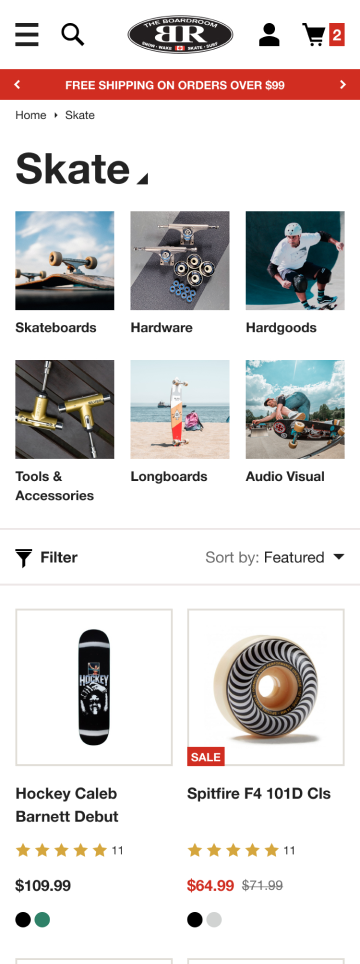 Skate and board store product listing page, mobile design by port80
