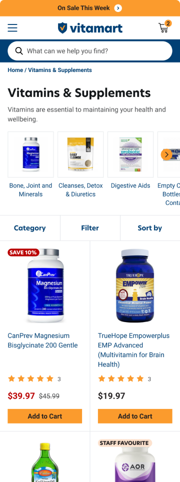 Supplement store product listing page, mobile design by port80