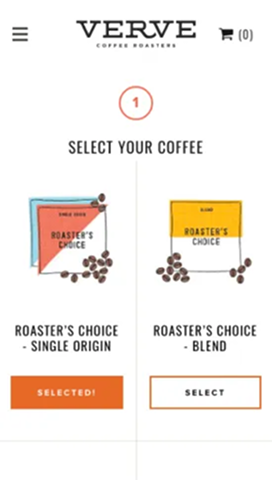 Verve Coffee Roasters subscription flow on mobile, step 1: selecting a coffee, single origin or blend