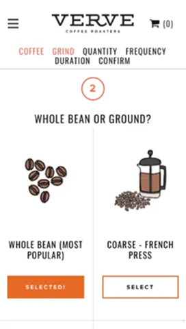 Verve Coffee Roasters subscription flow on mobile, step 2: choosing whole bean or ground