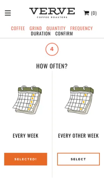 Verve Coffee Roasters subscription flow on mobile, step 4: choosing delivery frequency