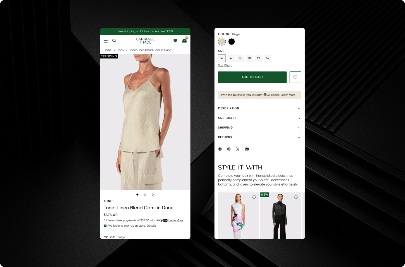 Carriage Trade fashion product page shown on mobile with an editorial photo