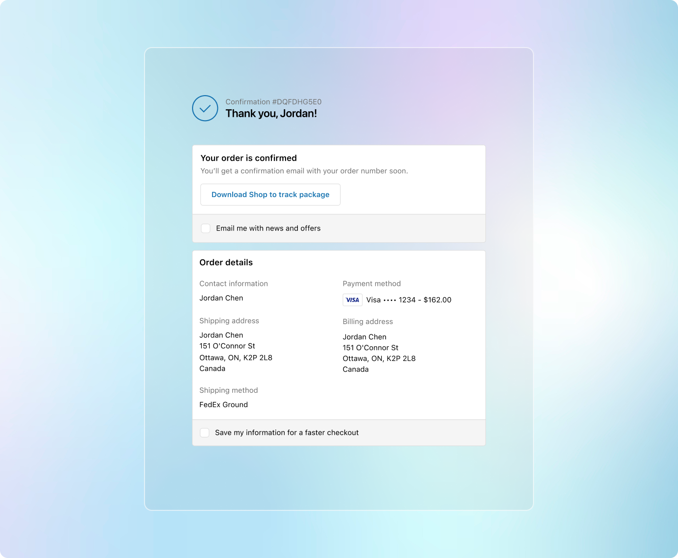 Online store account and address form interface
