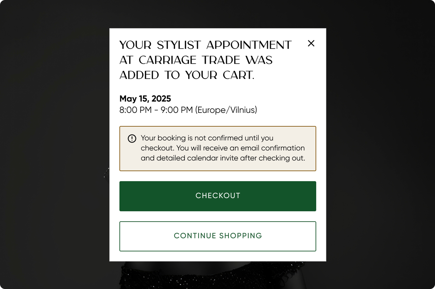 Carriage Trade appointment booking added to cart, checkout screen