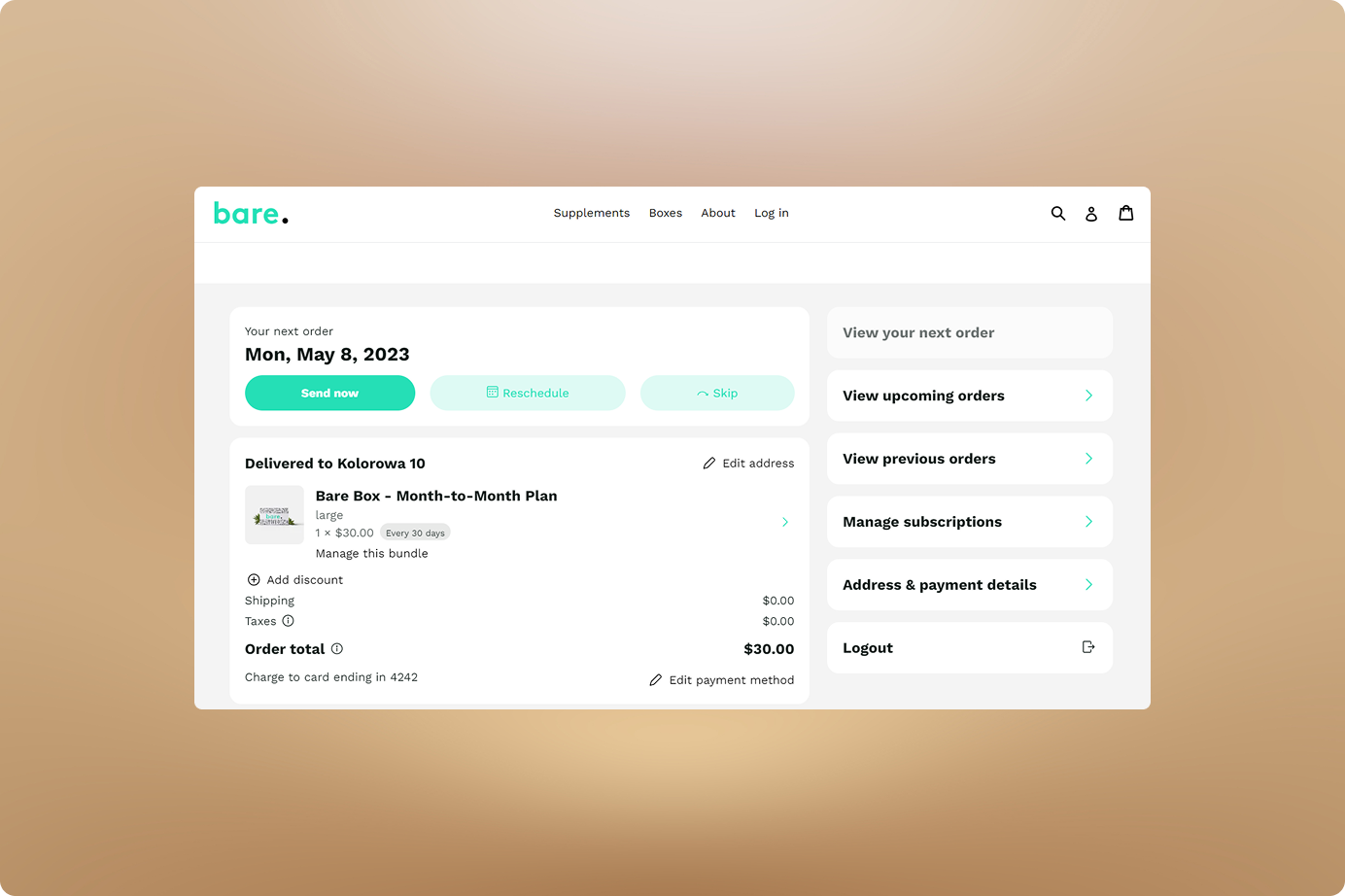 Shopify subscription management screen showing an upcoming order
