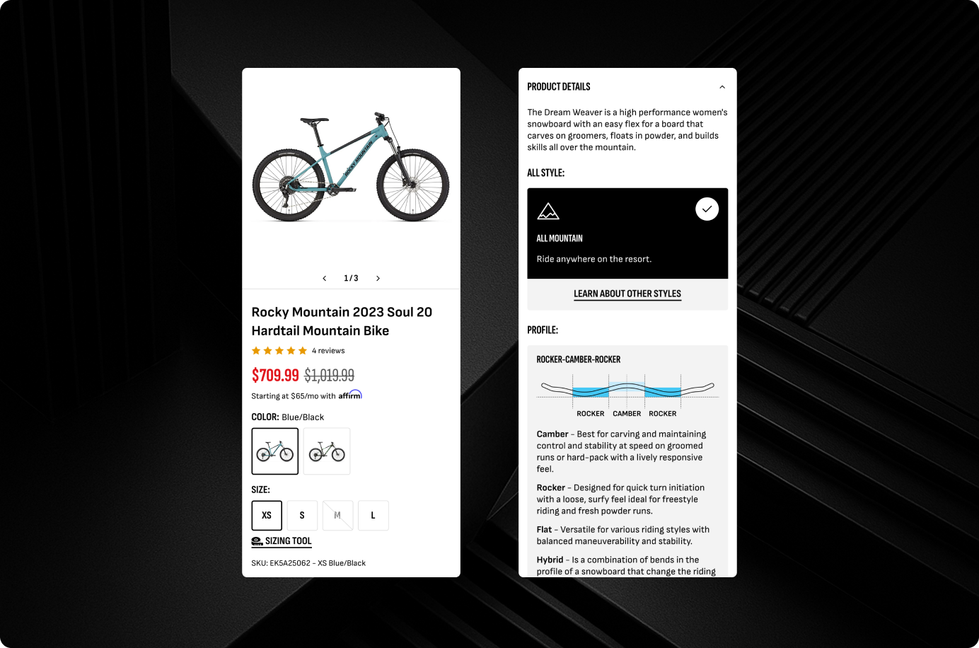 Bike product page shown on mobile beside a migration guide