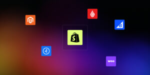 Illustration of migrating to Shopify from platforms including Magento, WooCommerce and Klaviyo