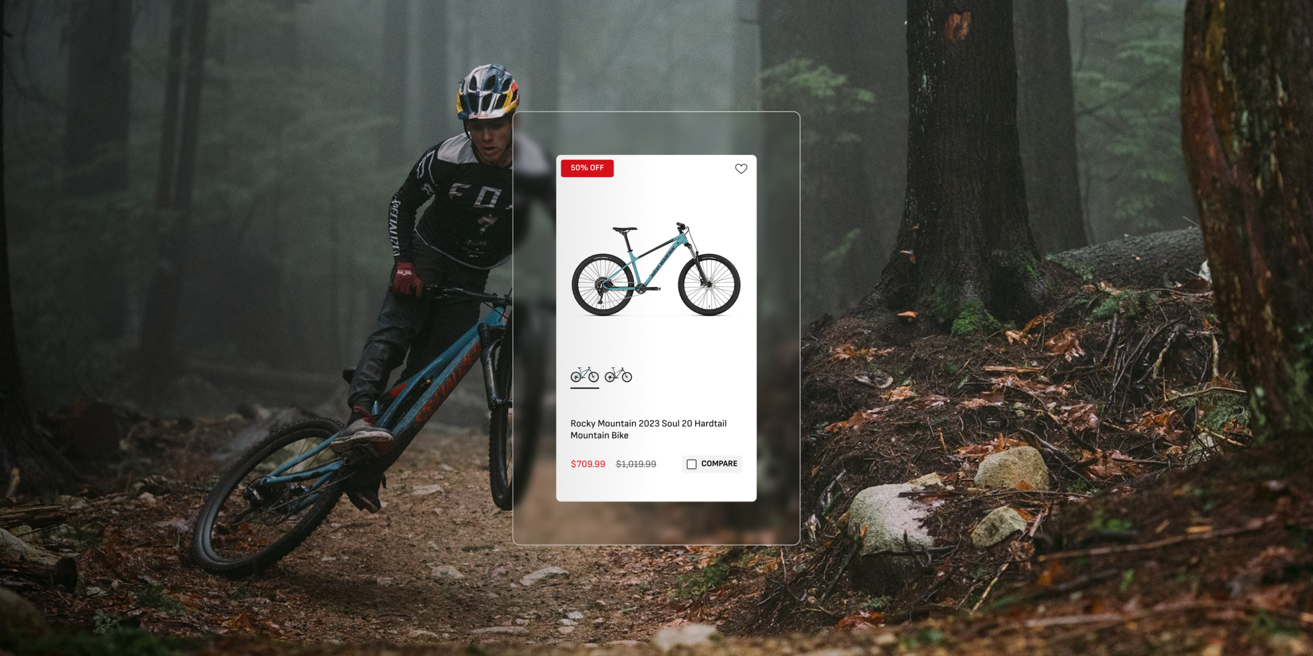 Mountain biker in a forest with a bike store product page overlay