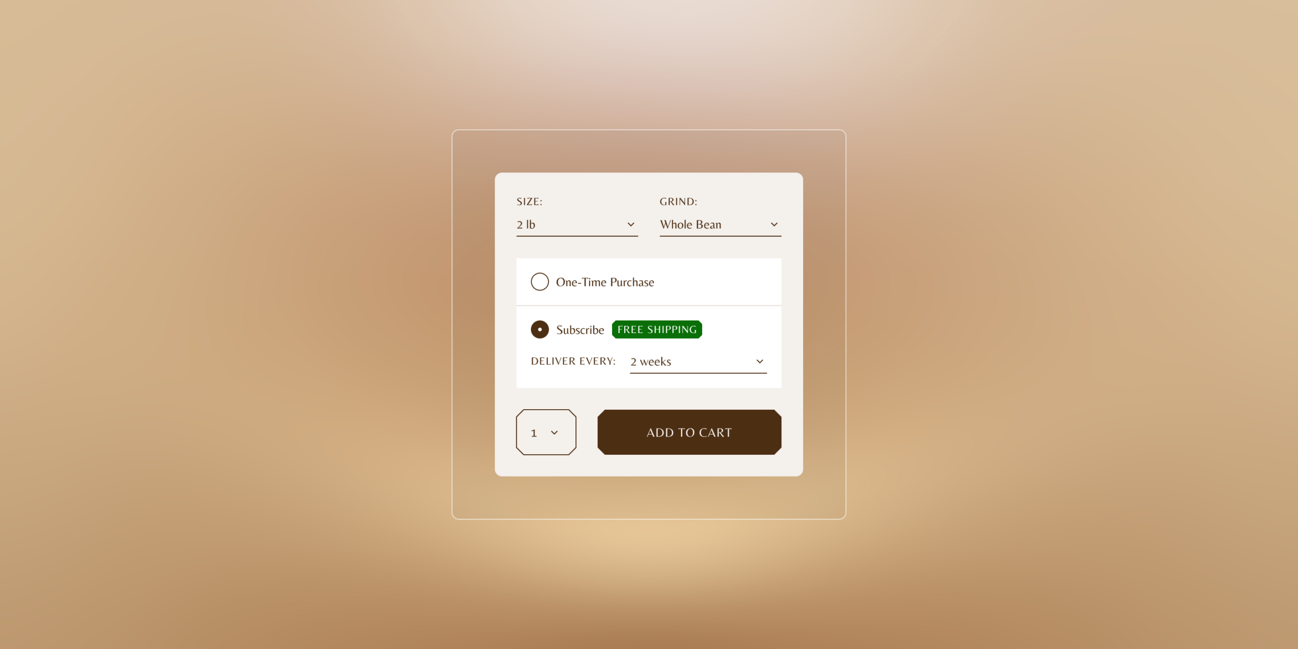 Shopify subscription product page on a tan background
