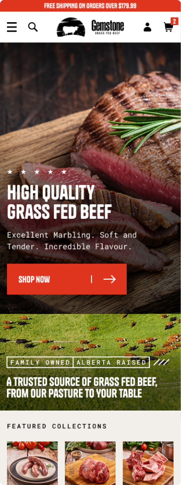 Gemstone Grass Fed Beef mobile homepage with hero banner and featured collections — Shopify design by port80