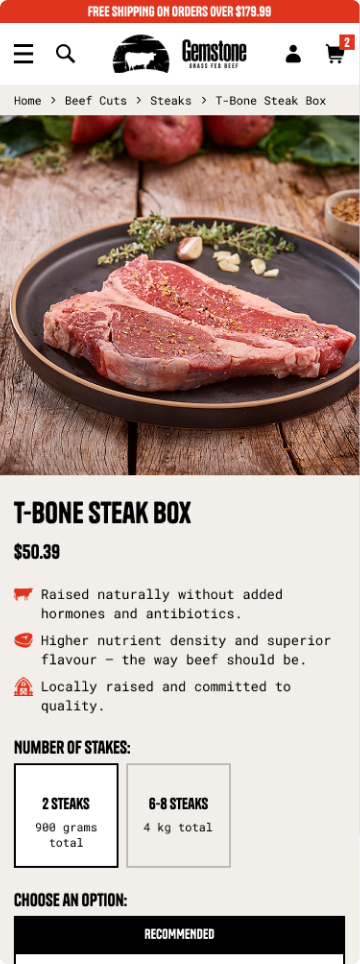 Gemstone Grass Fed Beef mobile product page showing T-Bone Steak Box with quantity selector and product benefits — Shopify design by port80