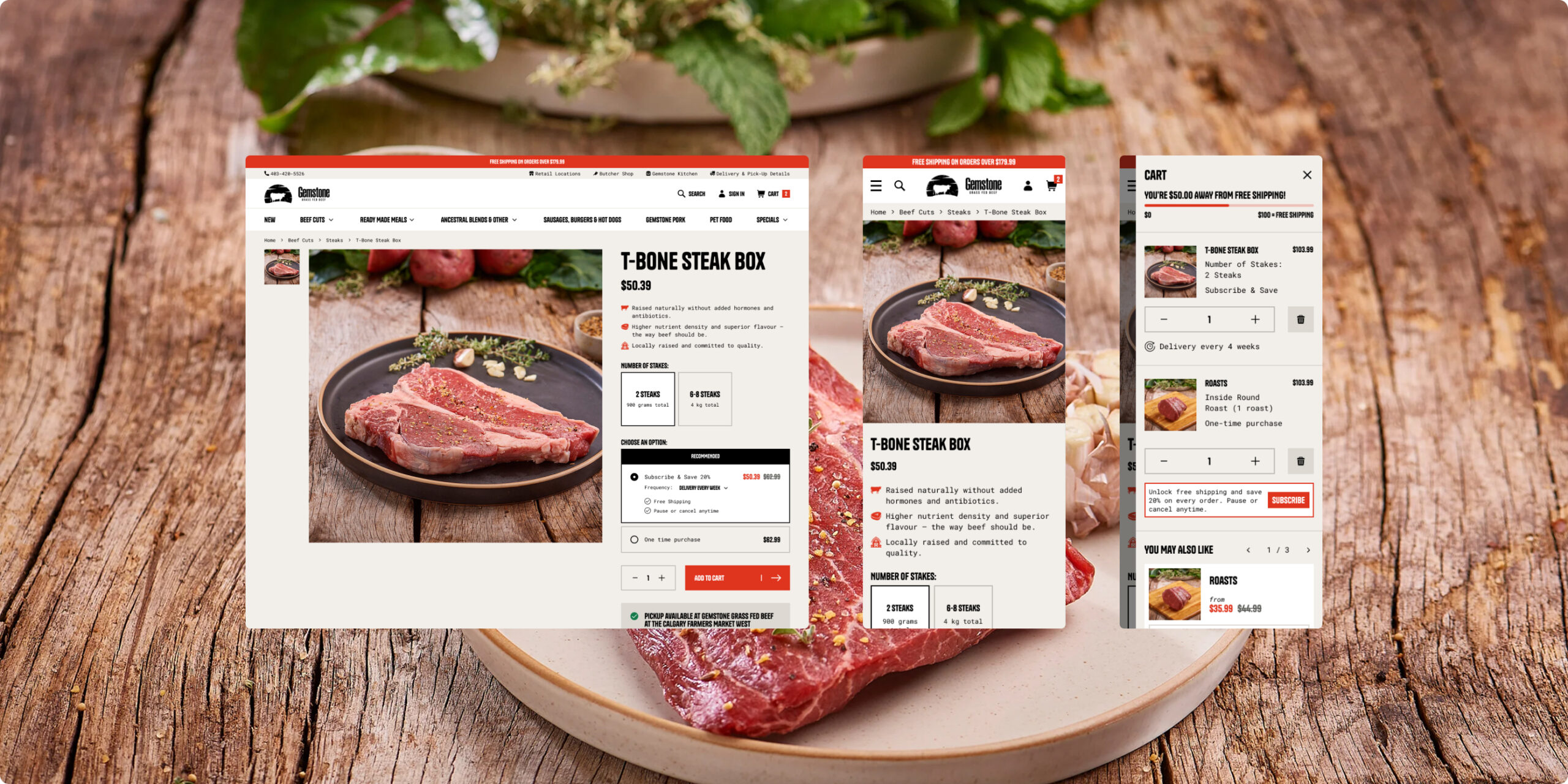 Gemstone Grass Fed Beef T-Bone Steak Box product page on desktop and mobile with cart drawer and subscription options — Shopify design by port80
