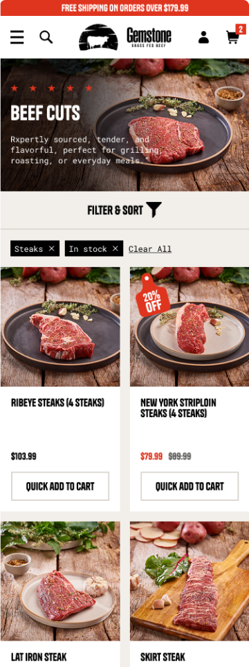Gemstone Grass Fed Beef mobile collection page with filtering and quick add to cart — Shopify design by port80