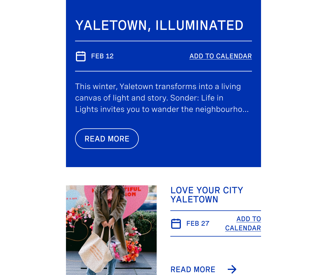 Yaletown Illuminated event listing and Love Your City cards, design detail by port80