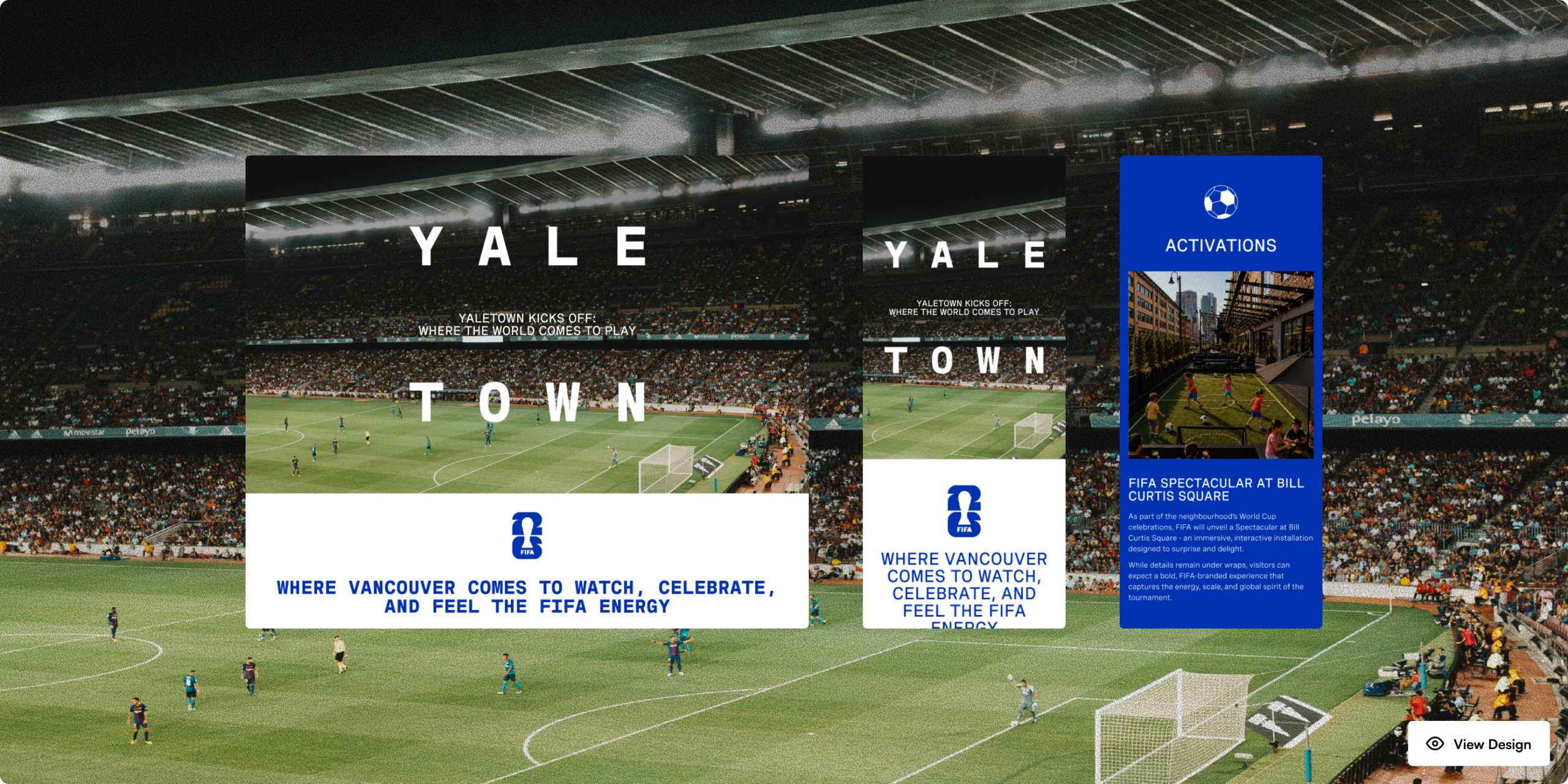 Yaletown homepage hero over a packed stadium, desktop design by port80