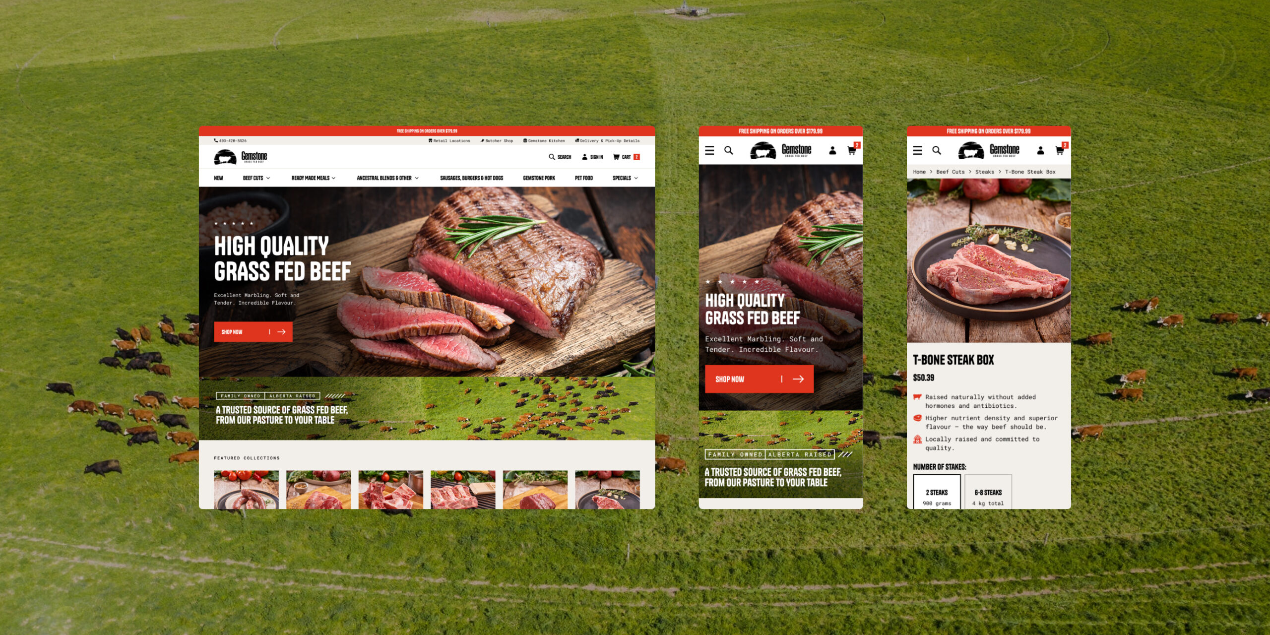 Gemstone Grass Fed Beef store homepage design by port80, shown on desktop and mobile