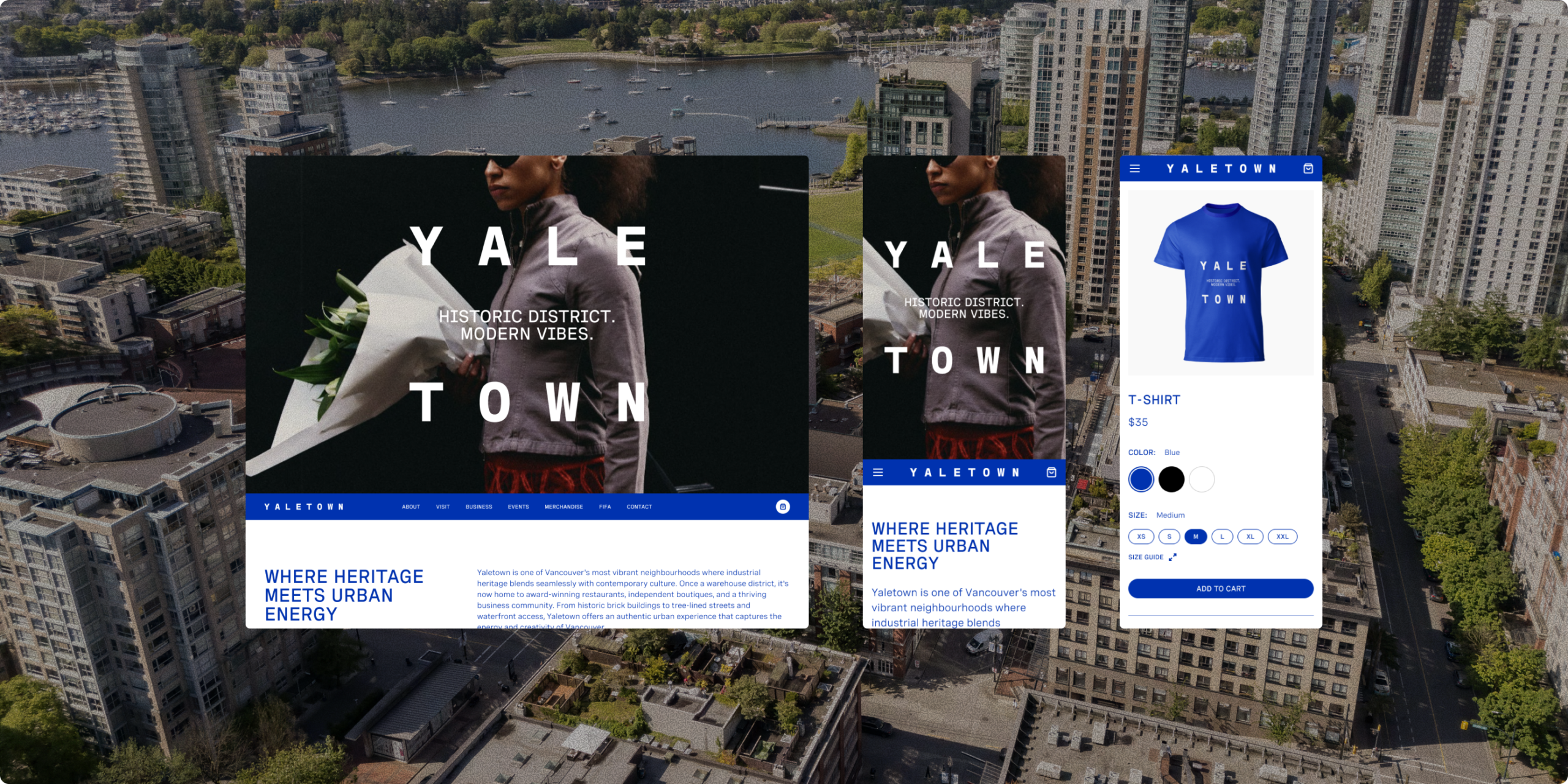Yaletown merch pages shown over an aerial city view, desktop design by port80