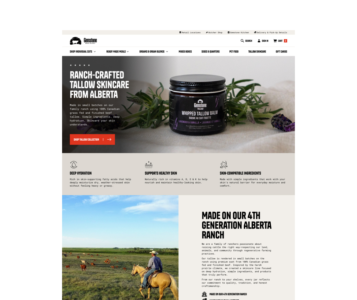 Gemstone Grassfed Beef tallow balm collection page showing product lineup