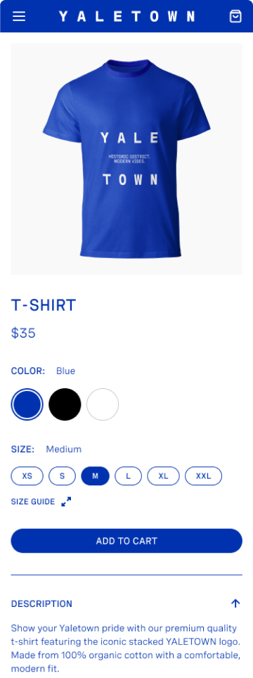 Yaletown merch T-shirt product page, mobile design by port80